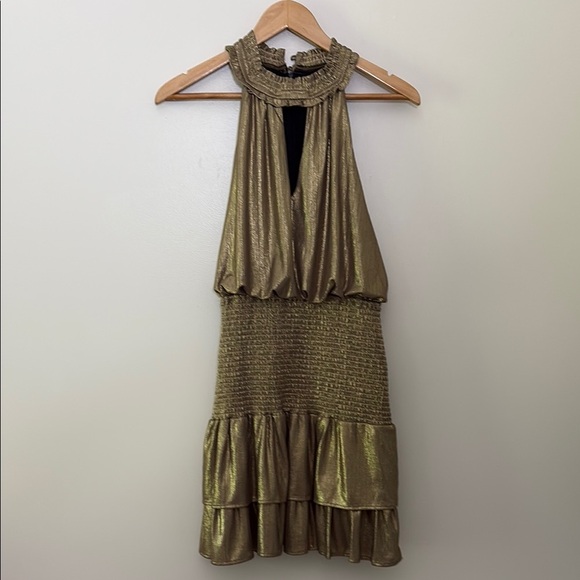 AQUA Metallic Lamé Mini Dress Sleeveless Smocked Ruffle Size Small - Picture 1 of 14